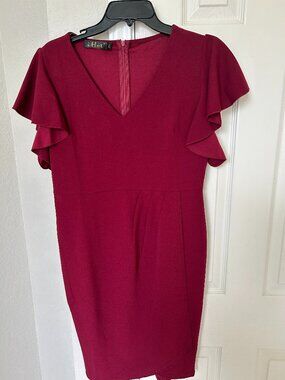 iHot Ruffled Sleeve Sheath Dress with Drape Front - Burgundy - Size Large